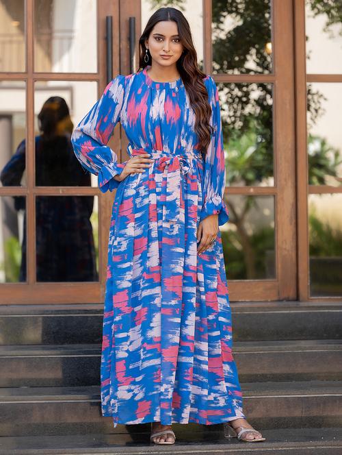 women blue printed round neck fit & flare dress - 21668013 - Very Small Image - 1