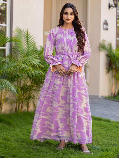 women lavender printed round neck fit & flare dress - 21668015 - Very Small Image - 1