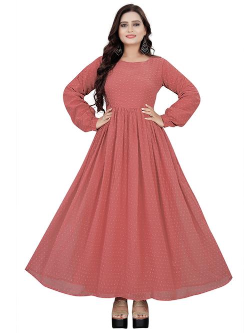 women peach self design round neck fit & flare dress - 21668017 - Very Small Image - 1