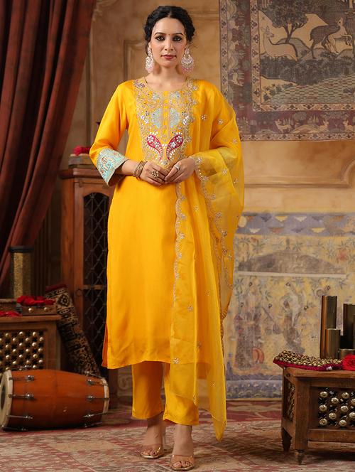 women zari work kurta pant set with dupatta - 21668126 - Very Small Image - 1