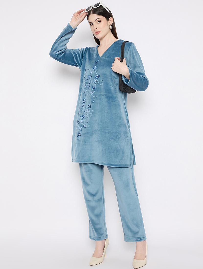 women v-neck embroidered top & bottom co-ord set - 21668176 - Standard Image - 4