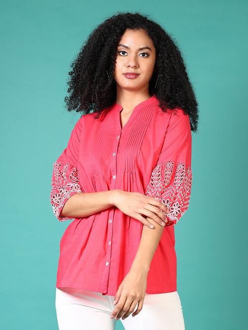 women solid mandarin neck a-line top - 21668394 - Very Small Image - 1