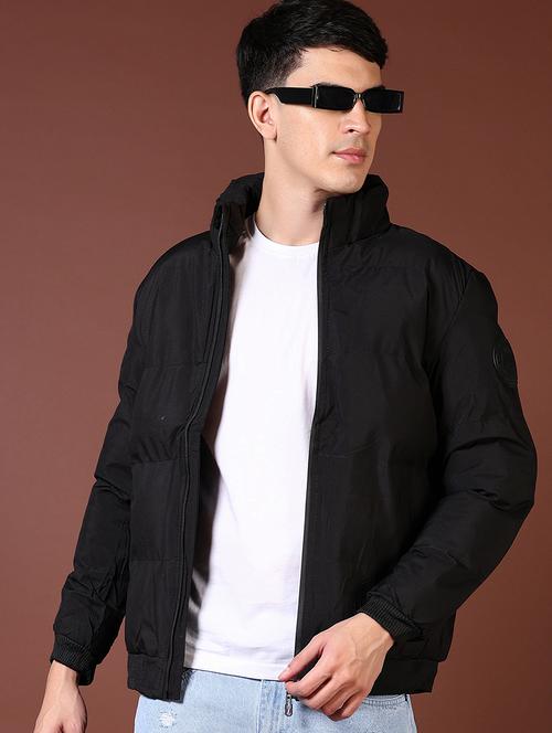 men's black solid casual puffer jacket - 21669096 - Very Small Image - 1
