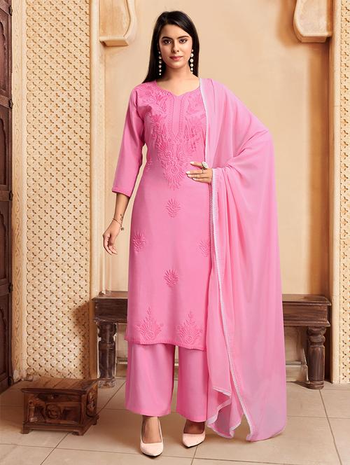 women pink chikankari kurta palazzo set with dupatta - 21669308 - Very Small Image - 1
