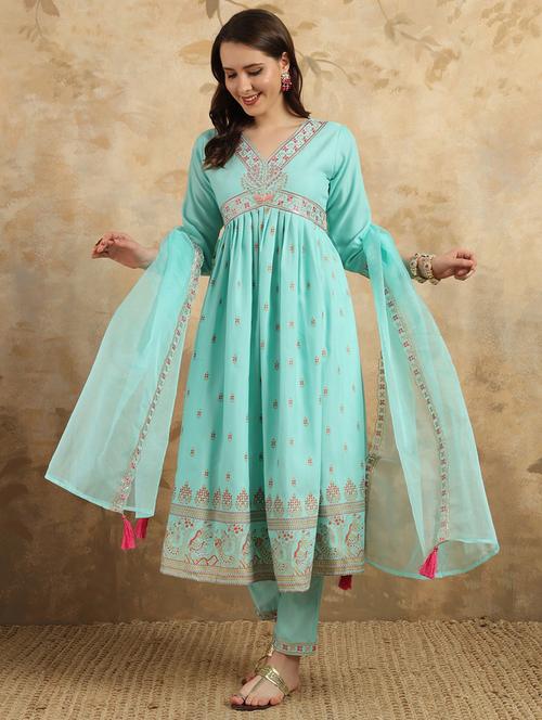 women three quarter sleeve anarkali kurta pant with dupatta set - 21669747 - Very Small Image - 1