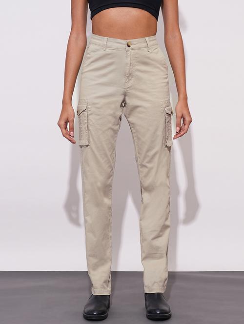 globus women beige cotton stretchable high-rise relaxed fit cargo trousers - 21671778 - Very Small Image - 1