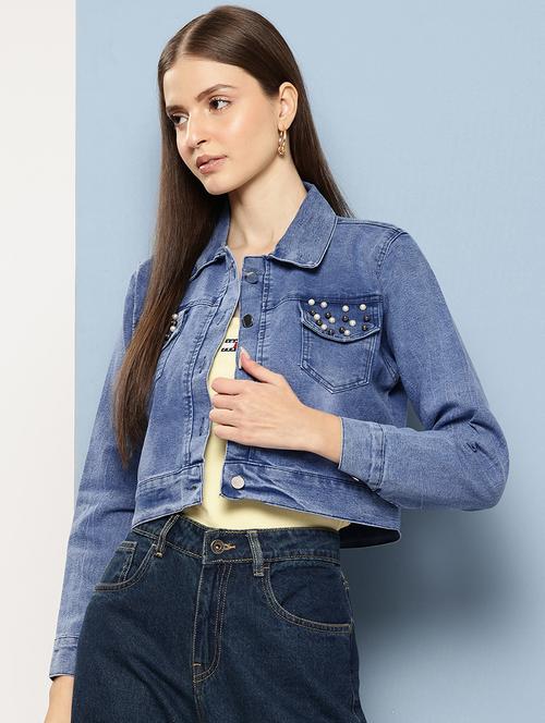 women collared long sleeves crop denim jacket - 21673097 - Very Small Image - 1
