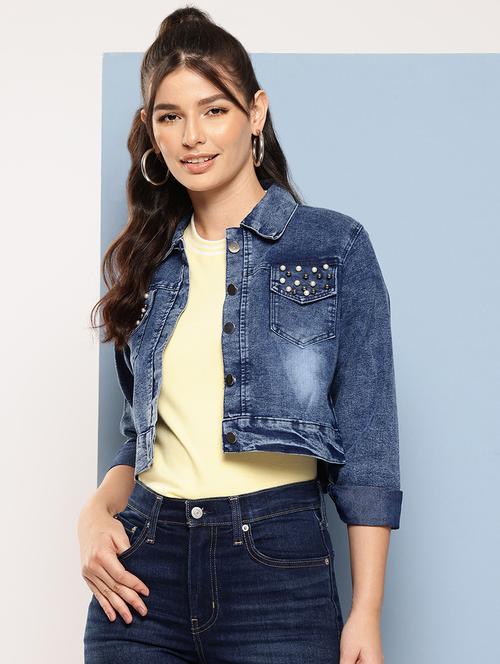 women collared long sleeves crop denim jacket - 21673098 - Very Small Image - 1