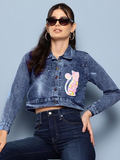 women collared long sleeves crop denim jacket - 21673100 - Very Small Image - 1