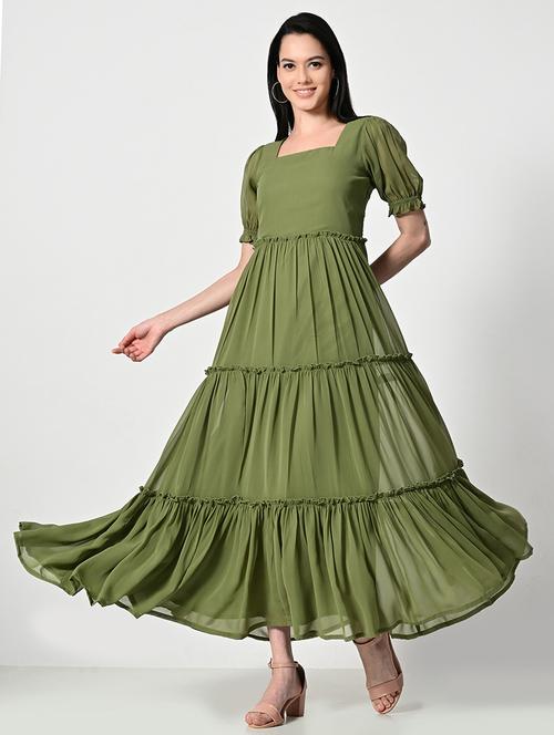 women olive solid puff sleeve tiered dress - 21675140 - Very Small Image - 1