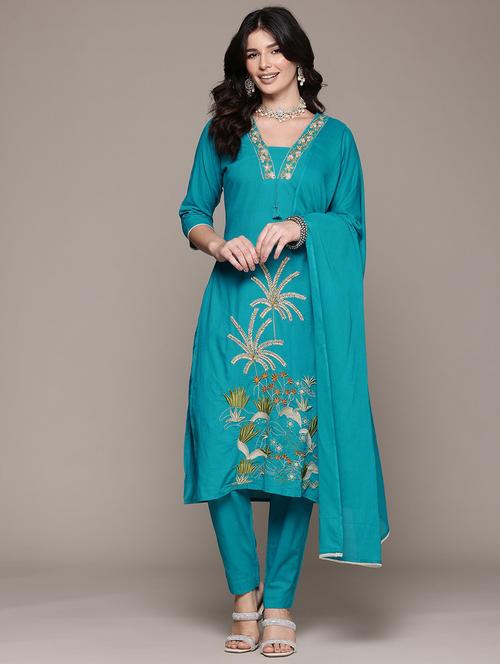 women three quarter sleeve kurta pant with dupatta set - 21675289 - Very Small Image - 1
