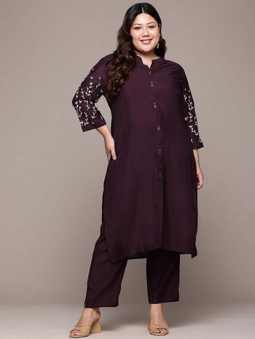 women solid plus size mandarin neck kurta pant set - 21675374 - Very Small Image - 1