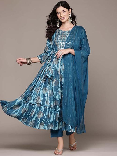 women three quarter sleeve anarkali kurta pant with dupatta set - 21675381 - Very Small Image - 1