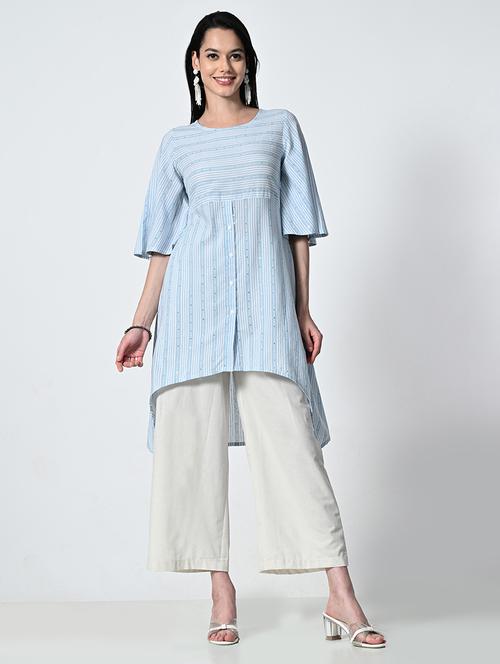 women striped elbow sleeve high low kurta - 21675539 - Very Small Image - 1