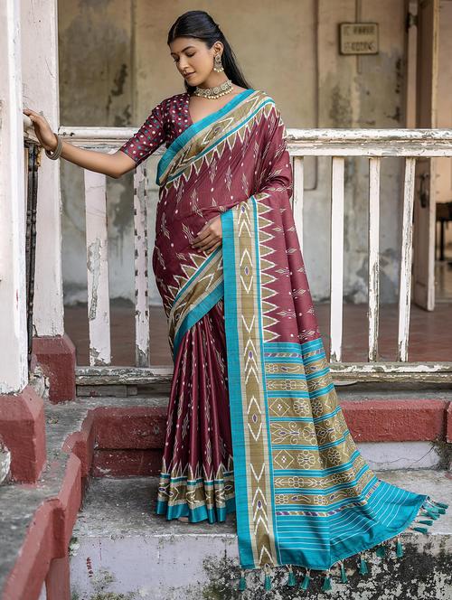 women ikat printed saree with blouse - 21675799 - Very Small Image - 1