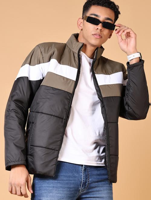 men's color blocked puffer jacket with stand collar - 21676138 - Very Small Image - 1