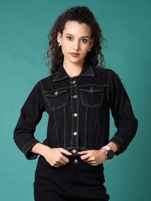 women solid collared denim jacket - 21676145 - Very Small Image - 1