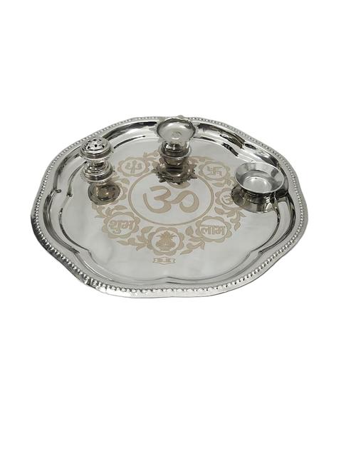 silver-finish thali with 2 diyas & roli bowl - 21678545 - Very Small Image - 1