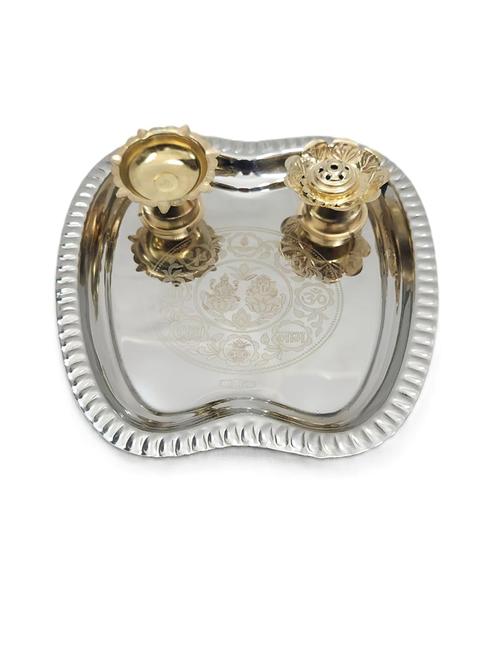 silver-finish thali with 2 diyas - 21678546 - Very Small Image - 1