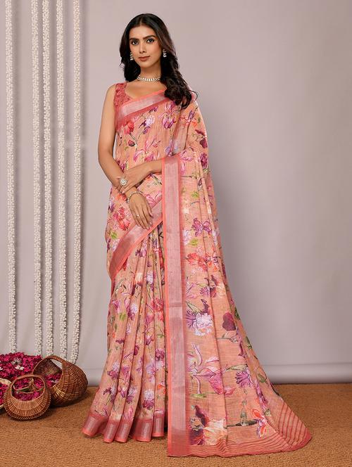 women peach printed saree with blouse - 21678857 - Very Small Image - 1