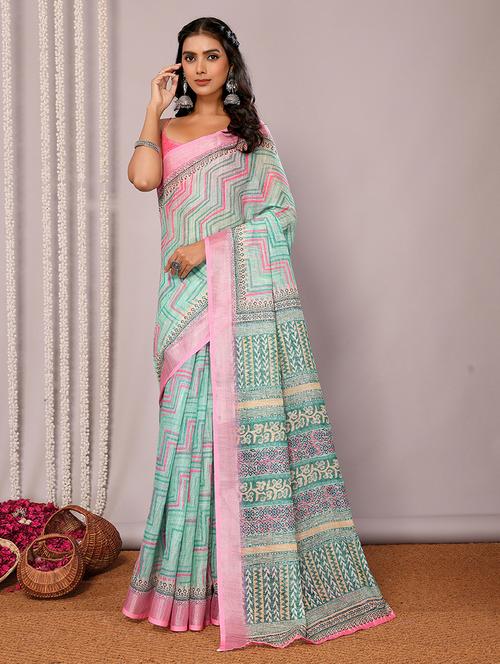 women sea green printed saree with blouse - 21678875 - Very Small Image - 1