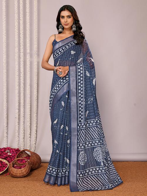 women navy blue printed saree with blouse - 21678876 - Very Small Image - 1