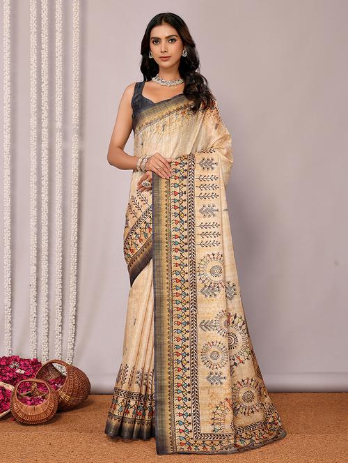 women beige printed saree with blouse - 21678889 - Very Small Image - 1