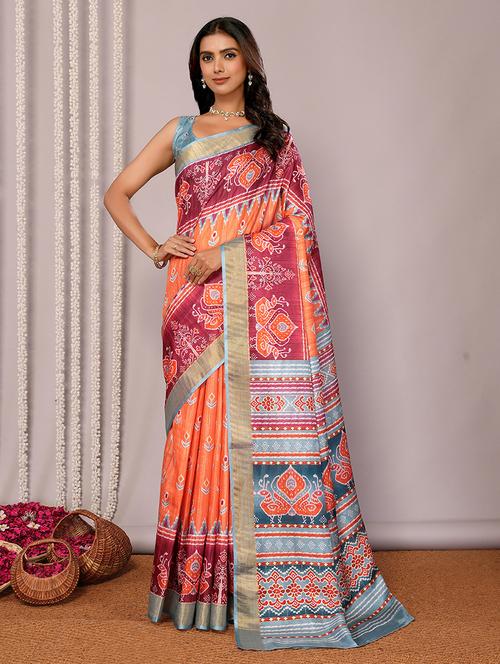 women ikat printed saree with blouse - 21678891 - Very Small Image - 1