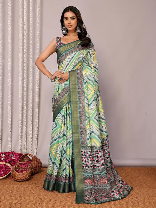 women green printed saree with blouse - 21678907 - Very Small Image - 1