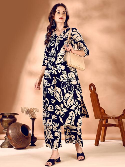 Women Navy Blue Printed Kurta Pant Set - 21679089 - Very Small Image - 1