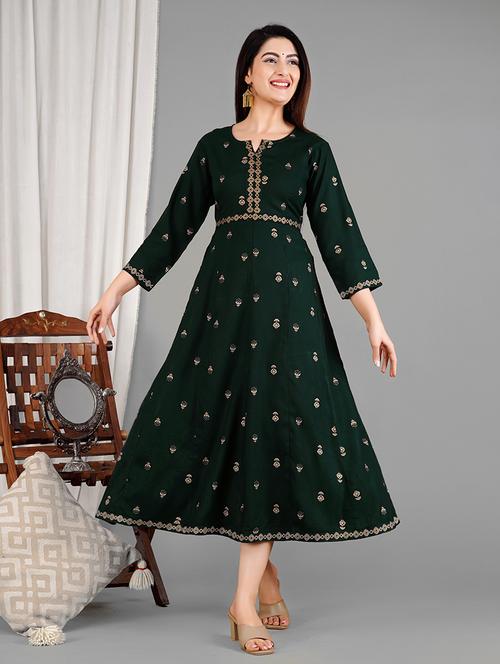 oem foil print notch neck flared ethnic dress - 21679119 - Very Small Image - 1