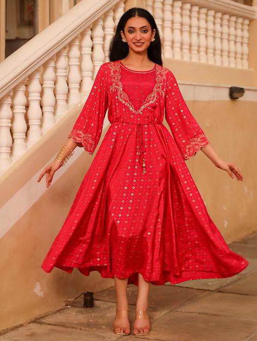 women red gold print round nenck ethnic dress - 21679159 - Very Small Image - 1