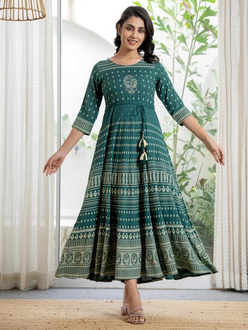 women green printed round neck flared dress - 21679173 - Very Small Image - 1