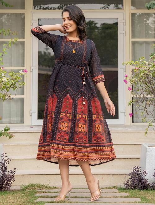 women black printed round neck anarkali dress - 21679175 - Very Small Image - 1