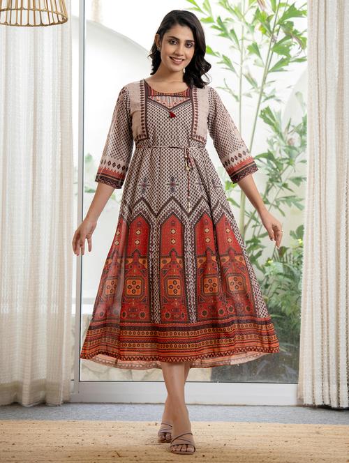 women beige printed round neck anarkali dress - 21679176 - Very Small Image - 1