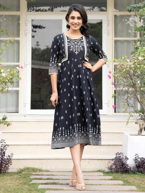 women navy blue floral round neck anarkali dress - 21679178 - Very Small Image - 1