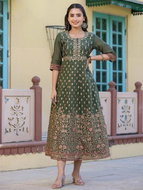 women olive printed round neck anarkali dress - 21679179 - Very Small Image - 1