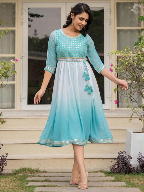 women light blue ombre round neck fit & flare dress - 21679181 - Very Small Image - 1