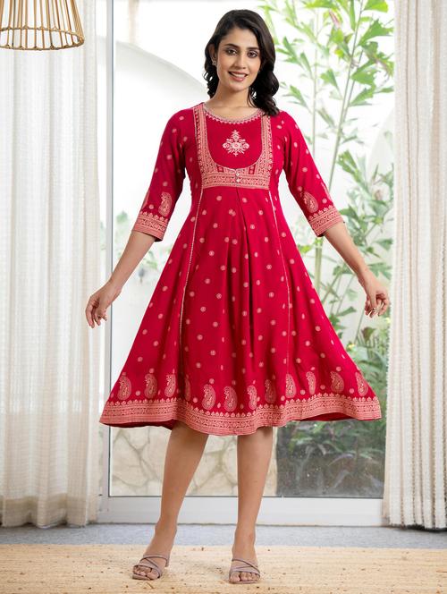 women printed round neck flared dress - 21679190 - Very Small Image - 1