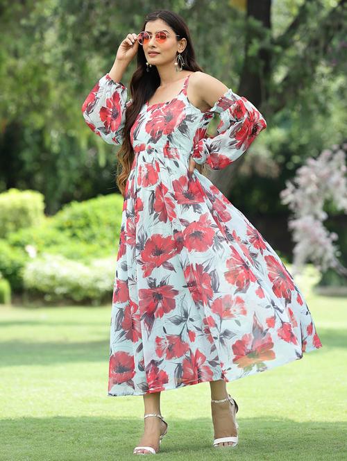 women floral cold shoulder sleeve fit & flare dress - 21679192 - Very Small Image - 1