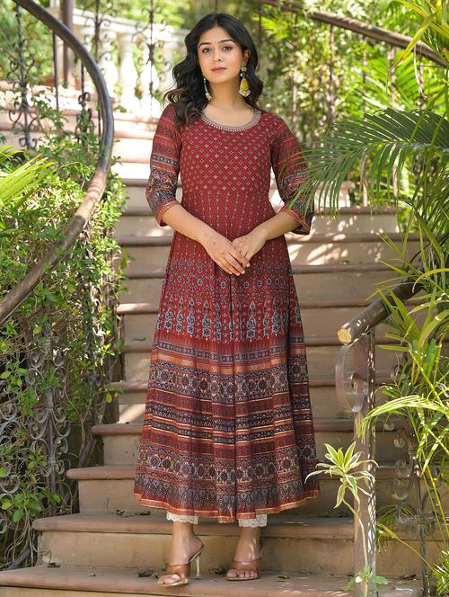 women brown printed round neck flared kurta - 21679217 - Very Small Image - 1