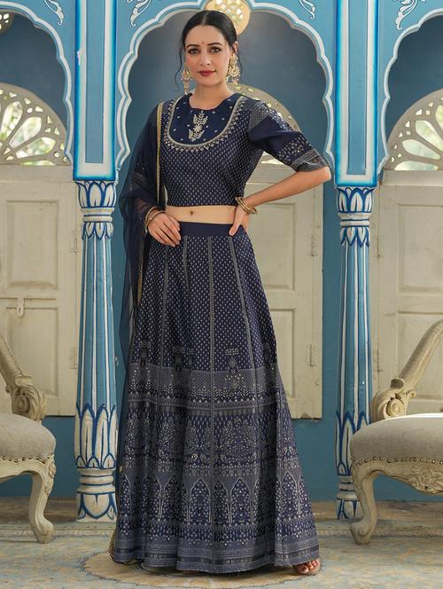 women navy blue printed stitched lehenga choli with dupatta - 21679226 - Very Small Image - 1
