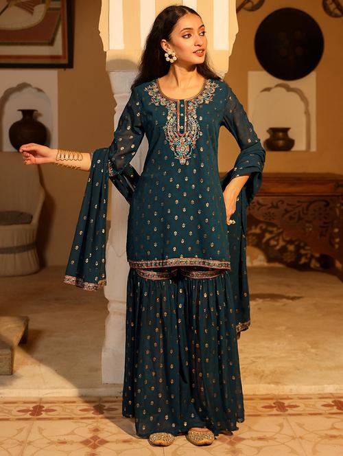 women embroidered kurta sharara set with dupatta - 21679252 - Very Small Image - 1