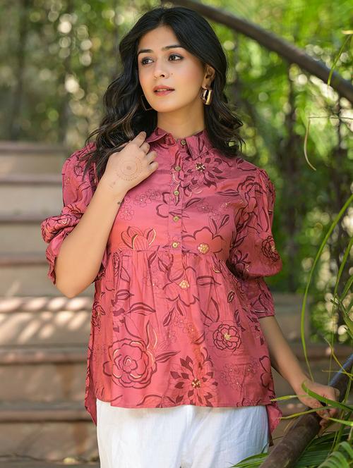 women peach floral printed puff sleeve high-lowtop - 21679303 - Very Small Image - 1