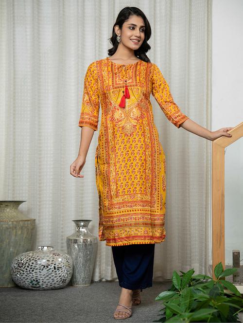 women printed tie-up neck straight kurta - 21679315 - Very Small Image - 1