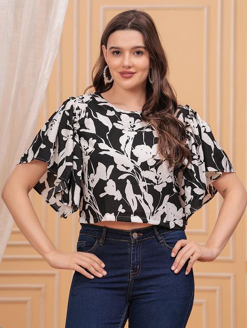 women black flared sleeve crop top - 21680219 - Very Small Image - 1