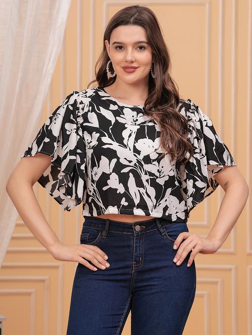women black flared sleeve crop top - 21680233 - Very Small Image - 1