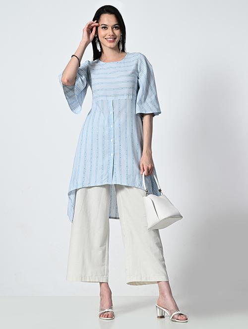 womne light blue striped asymmetric kurta - 21681370 - Very Small Image - 1