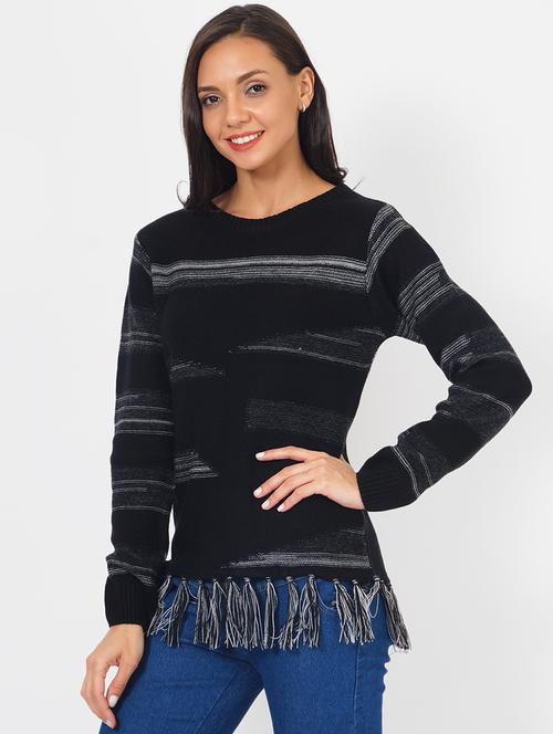 women self designed long sleeves pullover with fringed hem - 21681864 - Very Small Image - 1