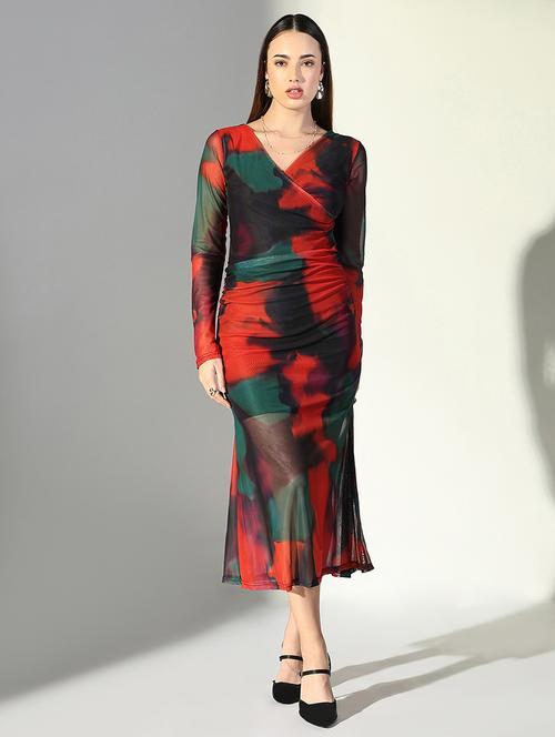 women abstract printed v neck bodycon dress - 21682062 - Very Small Image - 1